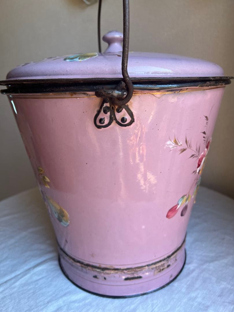 希少♡フランスアンティーク　ピンク　手描き　ホーロー　バケツ　ハンドペイント