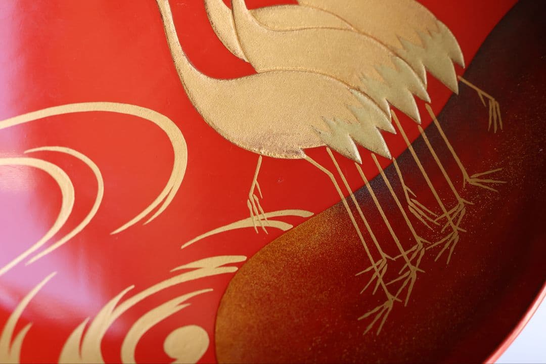 【CM374】時代木製漆器 光琳写 金蒔絵 群鶴図 朱塗 引盃 五客 小皿 杯