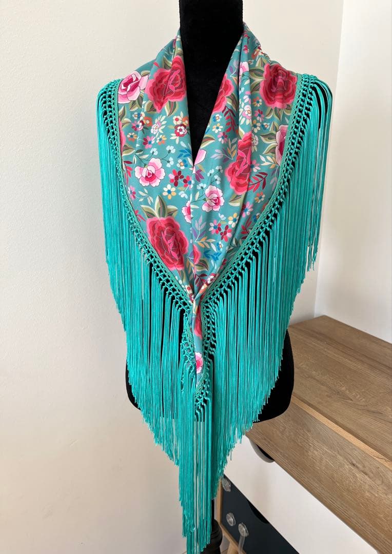 フラメンコ　マントンシージョ ブルーグリーンxマントン風花柄　ブルグリフレコ