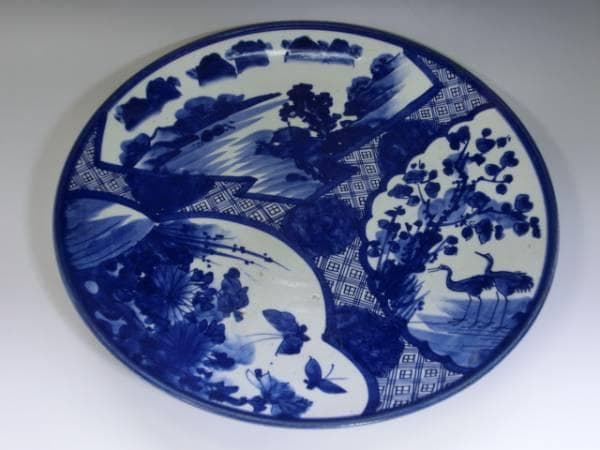 大皿■ベロ藍(江戸後期~明治期)古い染付 鶴 花蝶紋 花唐草 直し有り 時代物