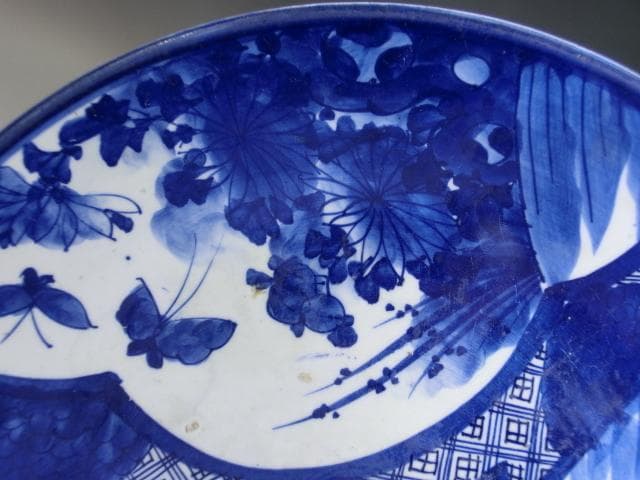 大皿■ベロ藍(江戸後期~明治期)古い染付 鶴 花蝶紋 花唐草 直し有り 時代物
