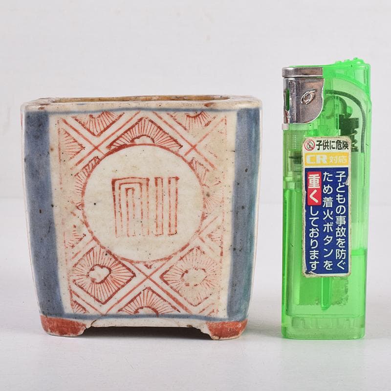 九谷焼　古九谷　1650年代　赤絵　花草文　四方香炉　鑑定書箱書　M　R8915