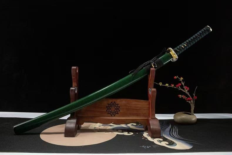 ３日内速達 緑魔太刀1060高マンガン鋼模造刀金豹刀鍔緑鞘青紐居合練習用日本刀