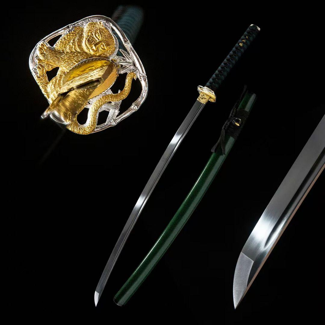３日内速達 緑魔太刀1060高マンガン鋼模造刀金豹刀鍔緑鞘青紐居合練習用日本刀