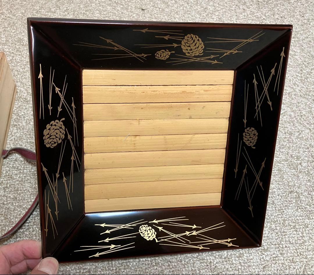 塗師【中村宗悦】而妙斎好 松葉蒔絵 四方盆 共布 共箱 表千家 茶道具