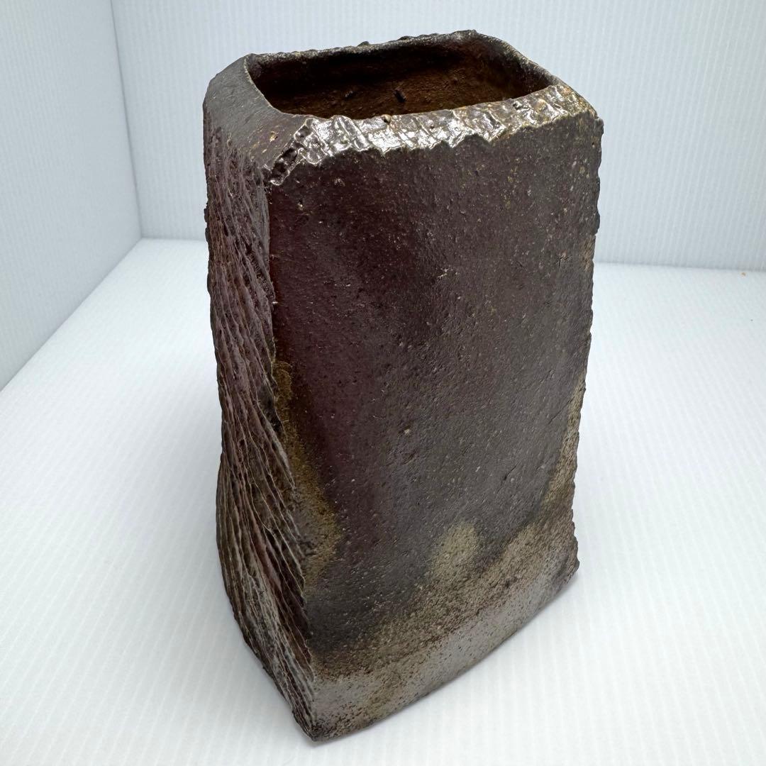 未使用 備前焼 山下譲治 持ち手付き 花入 花瓶 花生 壺 伝統工芸 美術品