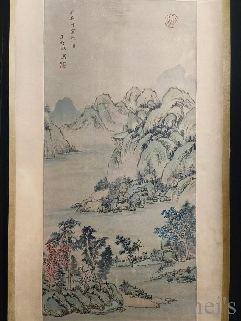 中国古美術【王時敏款 山水図 手描】古書画 正統派 三尺水墨画 掛軸 文房置物