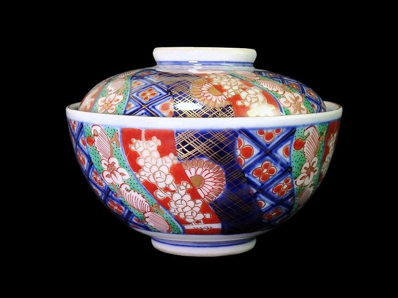 大聖寺伊万里　金襴手　捻り紋に寿の図　蓋茶碗　N158AS-DCd