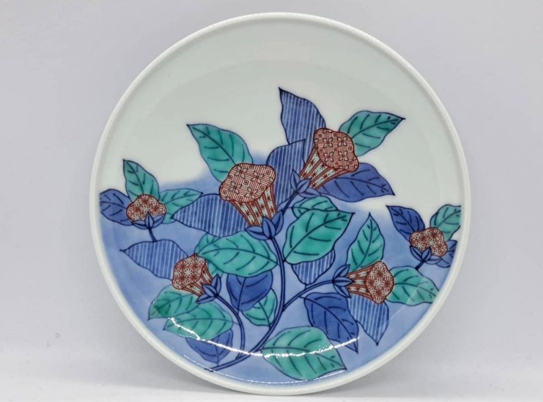 人間国宝 十四代 今泉今右衛門 (本人作) 色絵藍色墨はじき草花文額皿 共箱