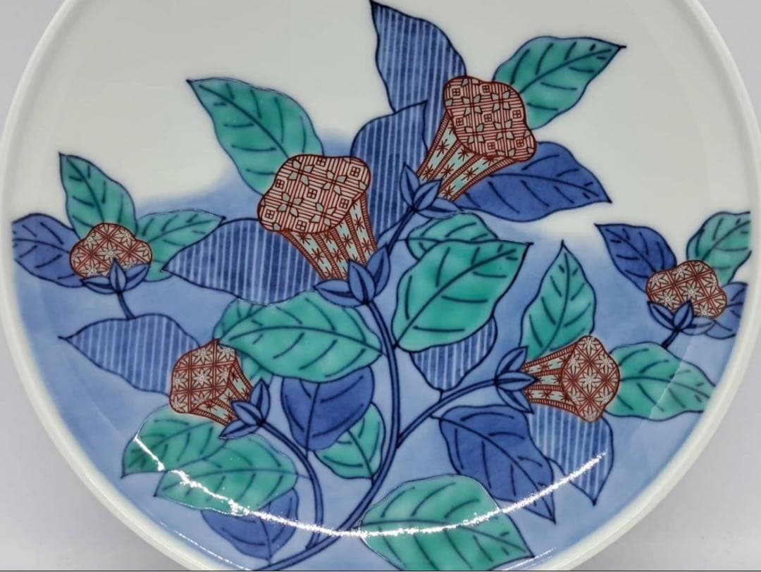 人間国宝 十四代 今泉今右衛門 (本人作) 色絵藍色墨はじき草花文額皿 共箱