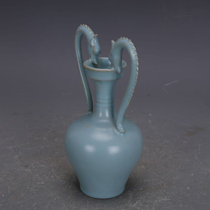 宋汝窯手製青釉支釘双龍尊瓶 景徳鎮 陶磁器 装飾品 現代工芸品 美術品 置物