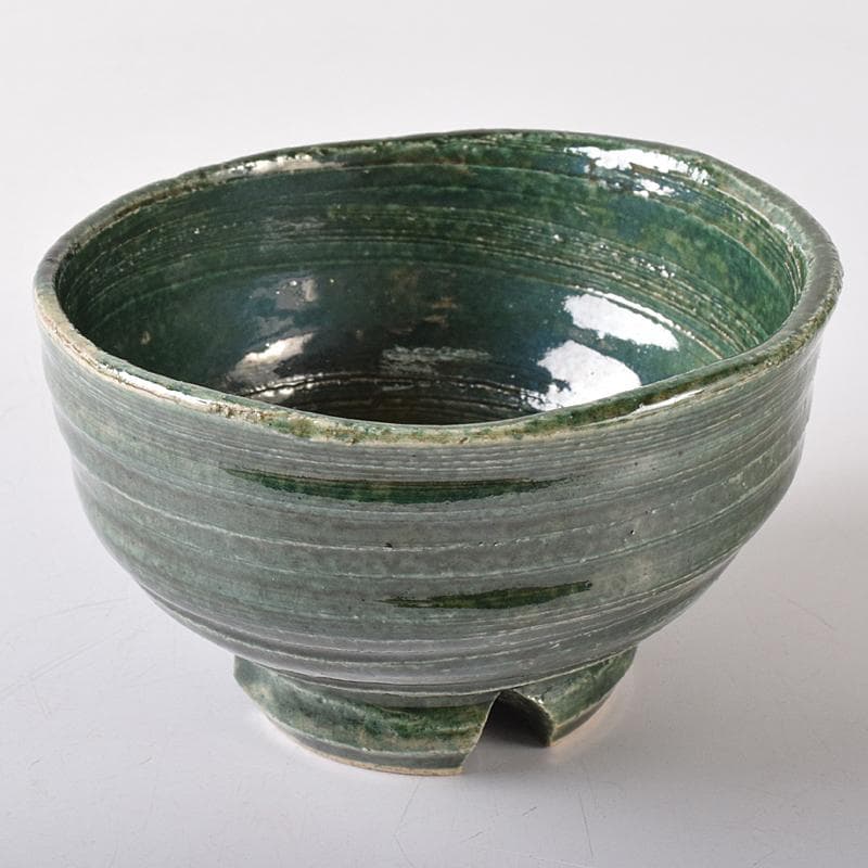 北大路魯山人作　織部焼　於里辺　茶碗　共布共箱　M　R8325