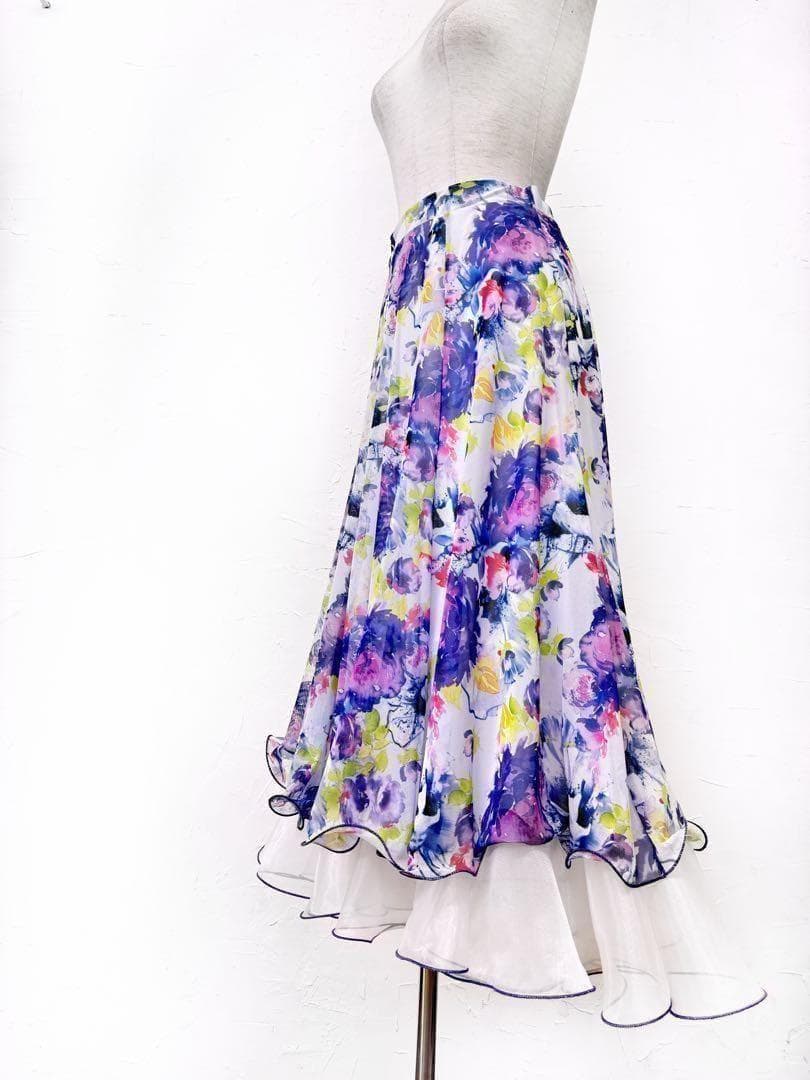 【花柄】新品 社交ダンス用裾オーガンジー 　ロングフレアスカート淡パープルｐ27