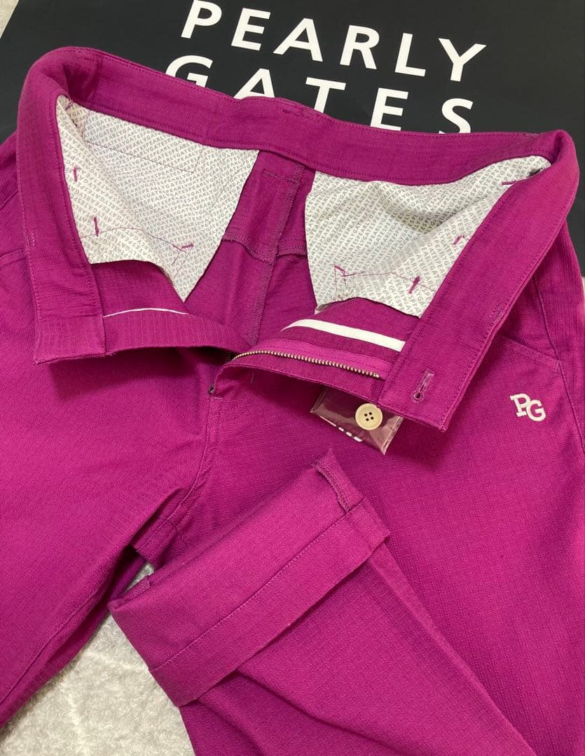 新品 パーリーゲイツ コットンストレッチドビーチェックパンツ(4)サイズM/紫