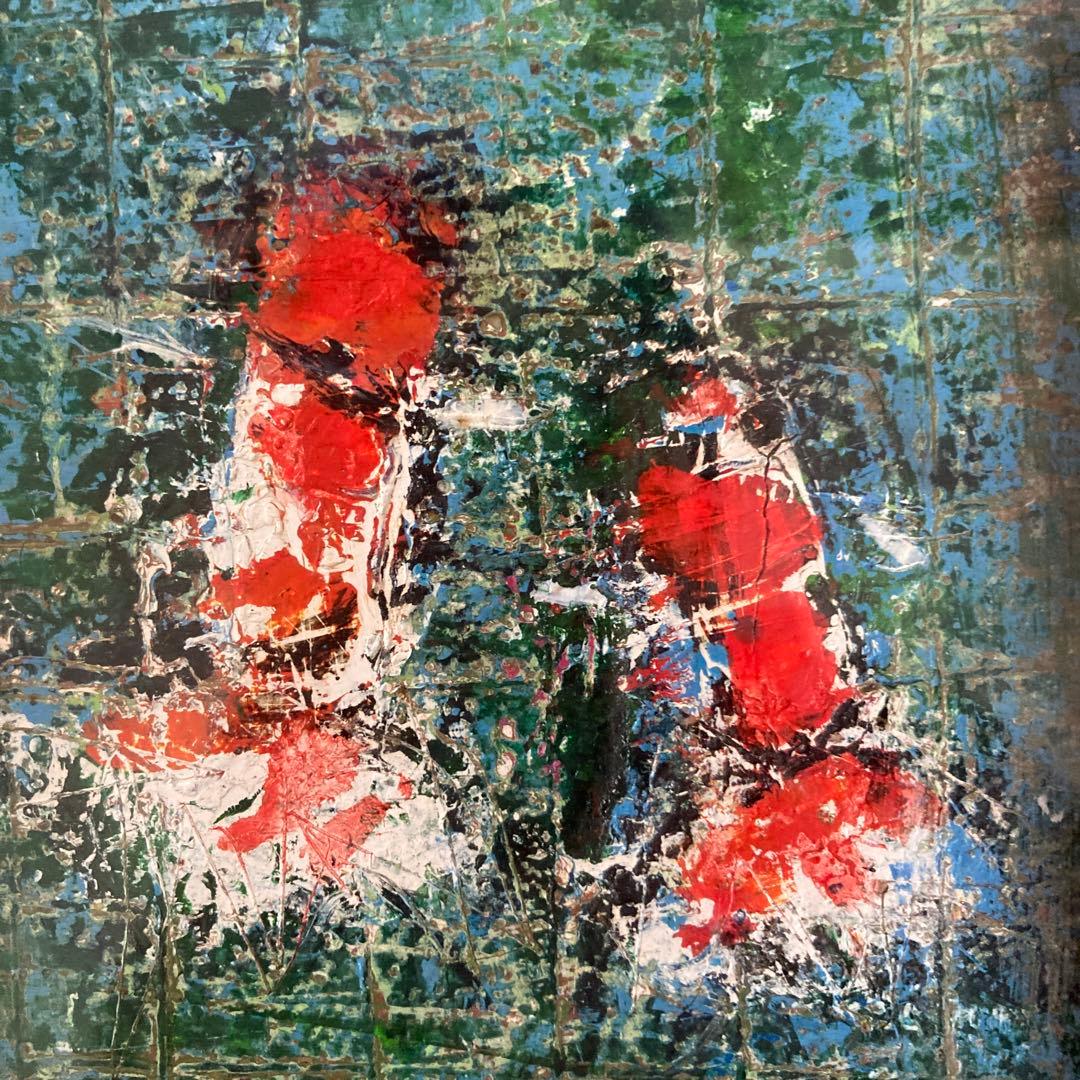 金魚 油彩画 金色フレーム