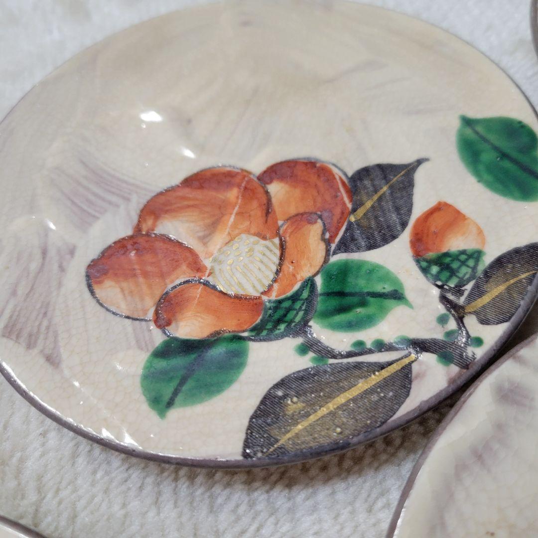 昭和初期 京焼 嘉曹窯 色絵金彩 小皿5枚セット 銘々皿 椿 梅 花文様