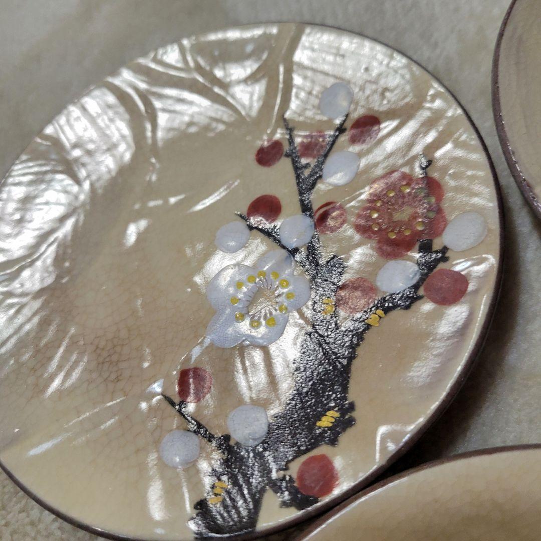 昭和初期 京焼 嘉曹窯 色絵金彩 小皿5枚セット 銘々皿 椿 梅 花文様