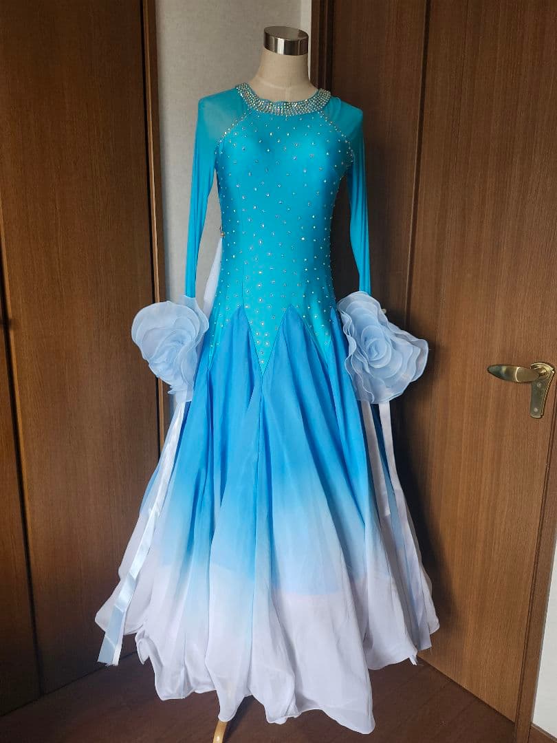 社交ダンス ドレス パーティー 水色 グラデーション スタンダード モダン XL