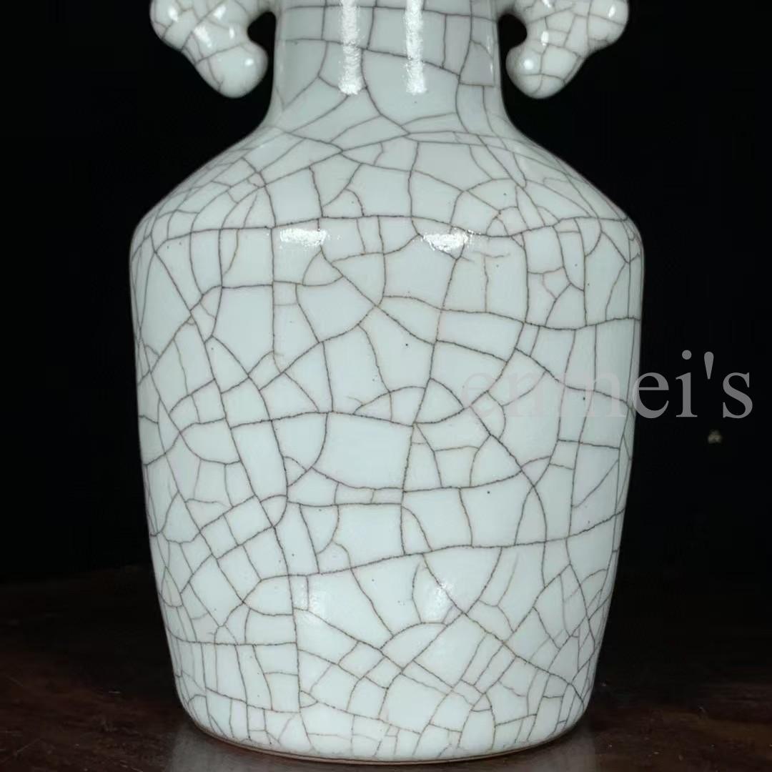 中国古美術・旧蔵品 宋代 官窑 双凤耳瓶・冰裂纹・青灰釉・花瓶・置物・茶道・文房