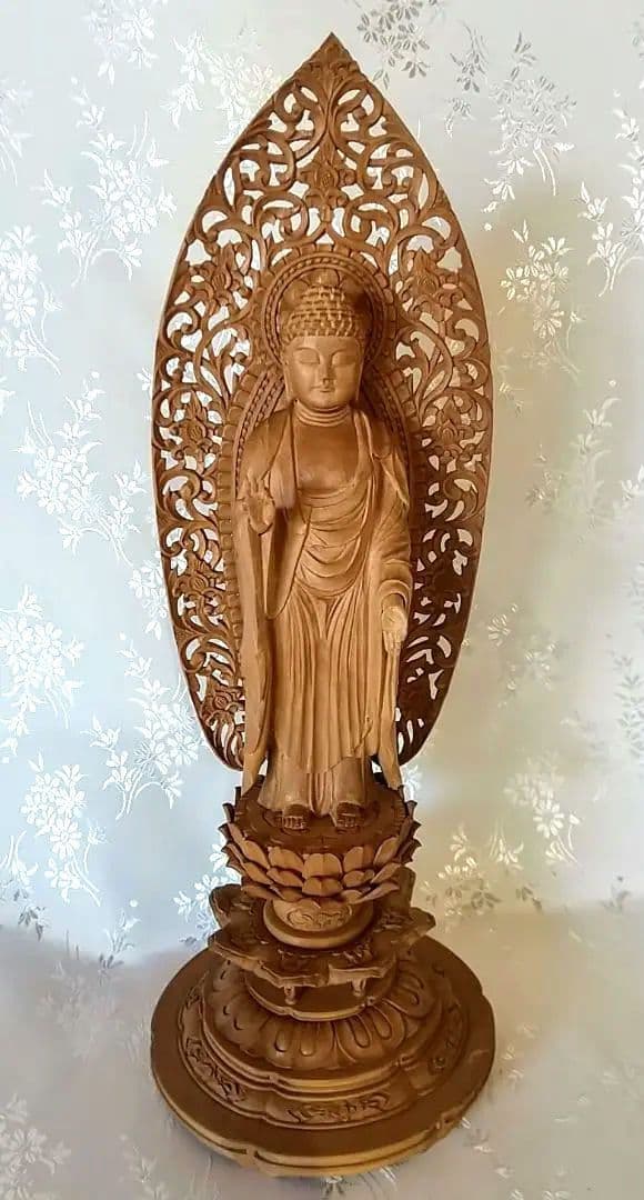 阿弥陀如来立像 4.5寸#570+#576 像は◆白檀 木彫 仏像