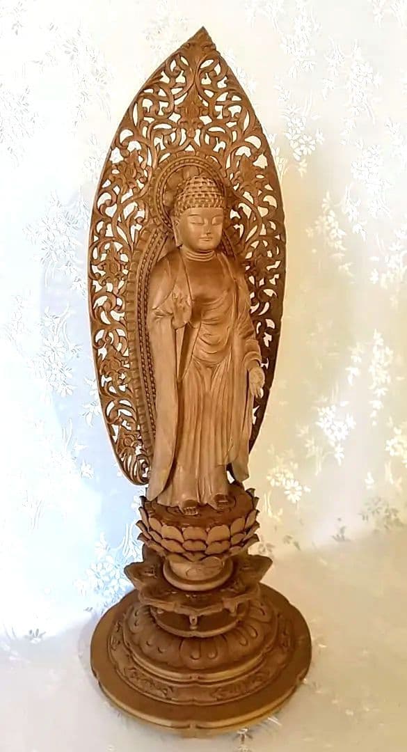 阿弥陀如来立像 4.5寸#570+#576 像は◆白檀 木彫 仏像