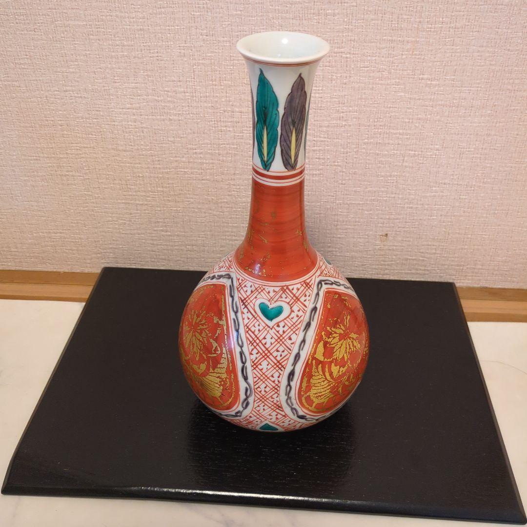 お正月陶器の花瓶 金箔装飾 骨董金箔