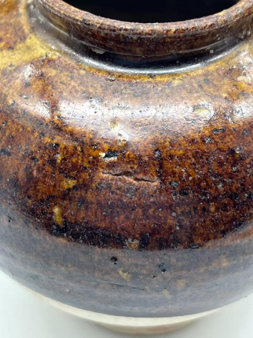 金から元時代　褐釉双耳小壺 茶入　茶道具　水指 酒器 時代物(F-121)