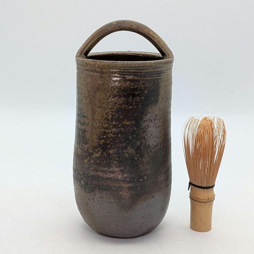 岡山県重要無形文化財 伊勢崎満 備前焼 手付花入 共箱共布栞 花器 花瓶 花生