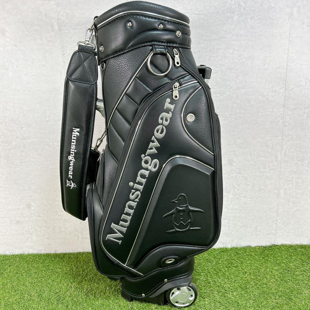 美品　マンシングウェア　キャディバッグ　キャスター　2輪　レザー調　ゴルフ　黒