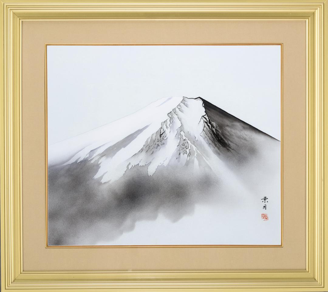 F10 肉筆水彩 日本画 『白富士』 高級木製額縁付属 外寸約713×638mm
