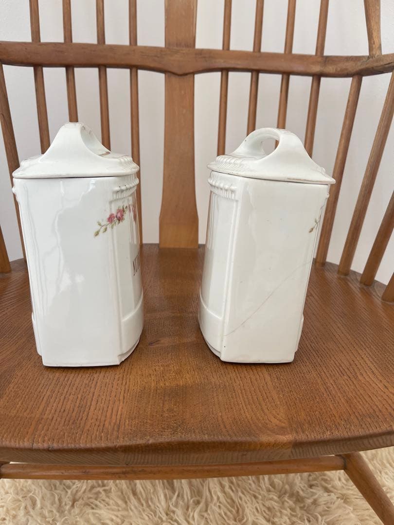 2個set★アンティーク陶器キャニスター金文字ロゴ入りフランスイギリス薔薇イマン
