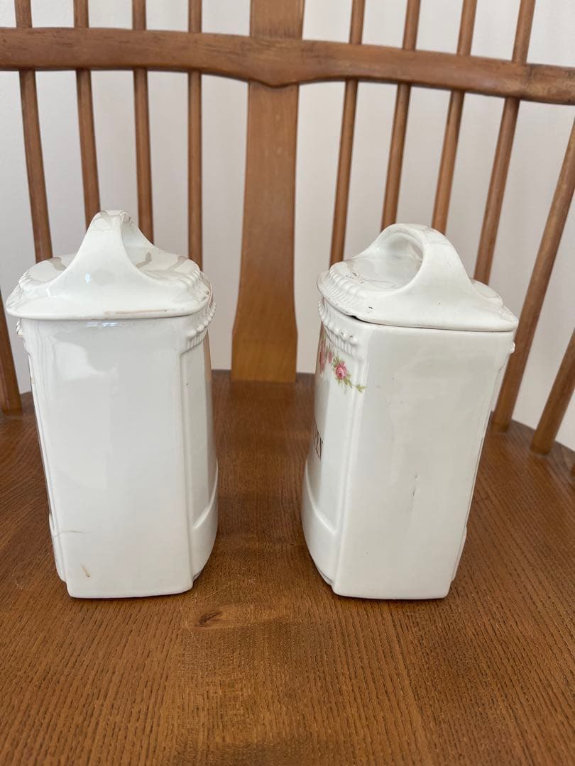 2個set★アンティーク陶器キャニスター金文字ロゴ入りフランスイギリス薔薇イマン