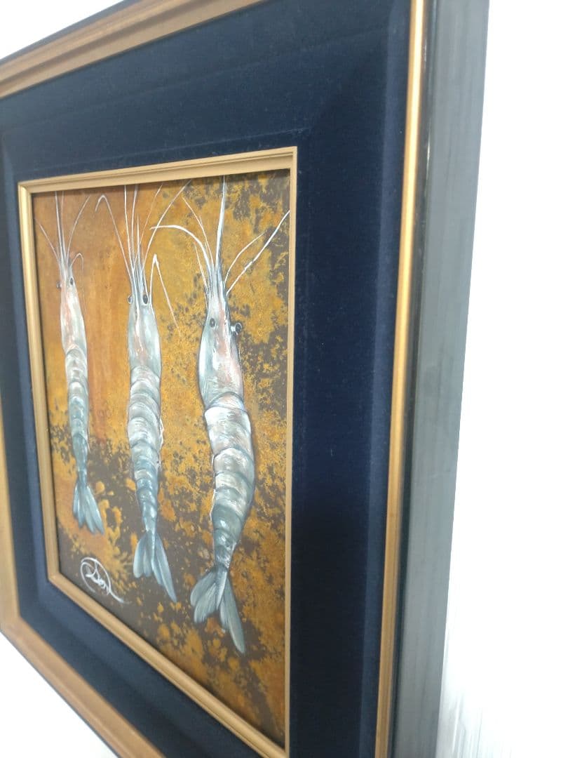錆を使用した珍しいエビの油絵【海老の絵画】1点物の原画/作者サイン入り/額縁付属