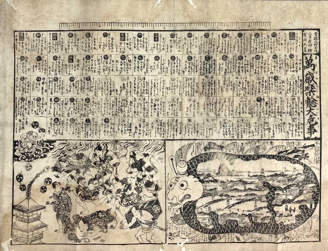 江戸 安政２年 瓦版 木版画「萬歳楽鯰大記事・関東大震災・被災地図・被災画」掛軸