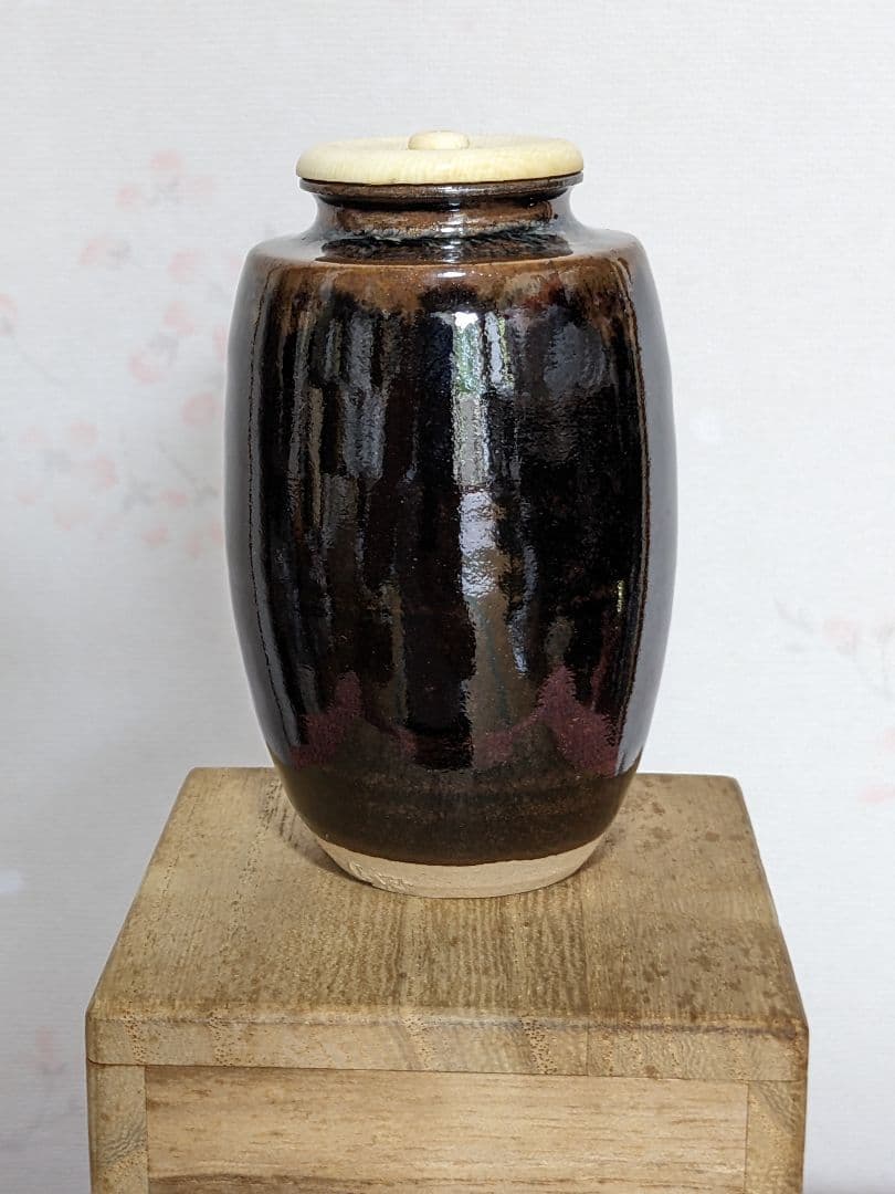 ♦茶道具 肩衝茶入 平安作 仕覆付き 薩摩間道 名物裂 共箱入 美術品 工芸品