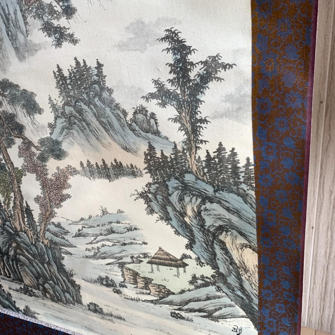 田中翠堂「彩山水」大幅掛軸 　掛け軸 絹本 山水図 掛軸