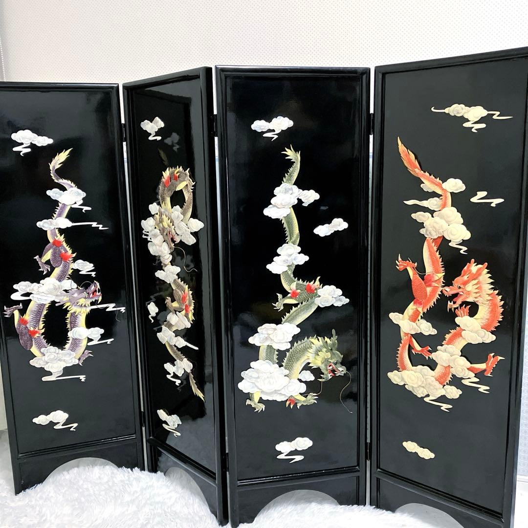 中国骨董　螺鈿細工　屏風　四龍　4連屏風　パーテーション