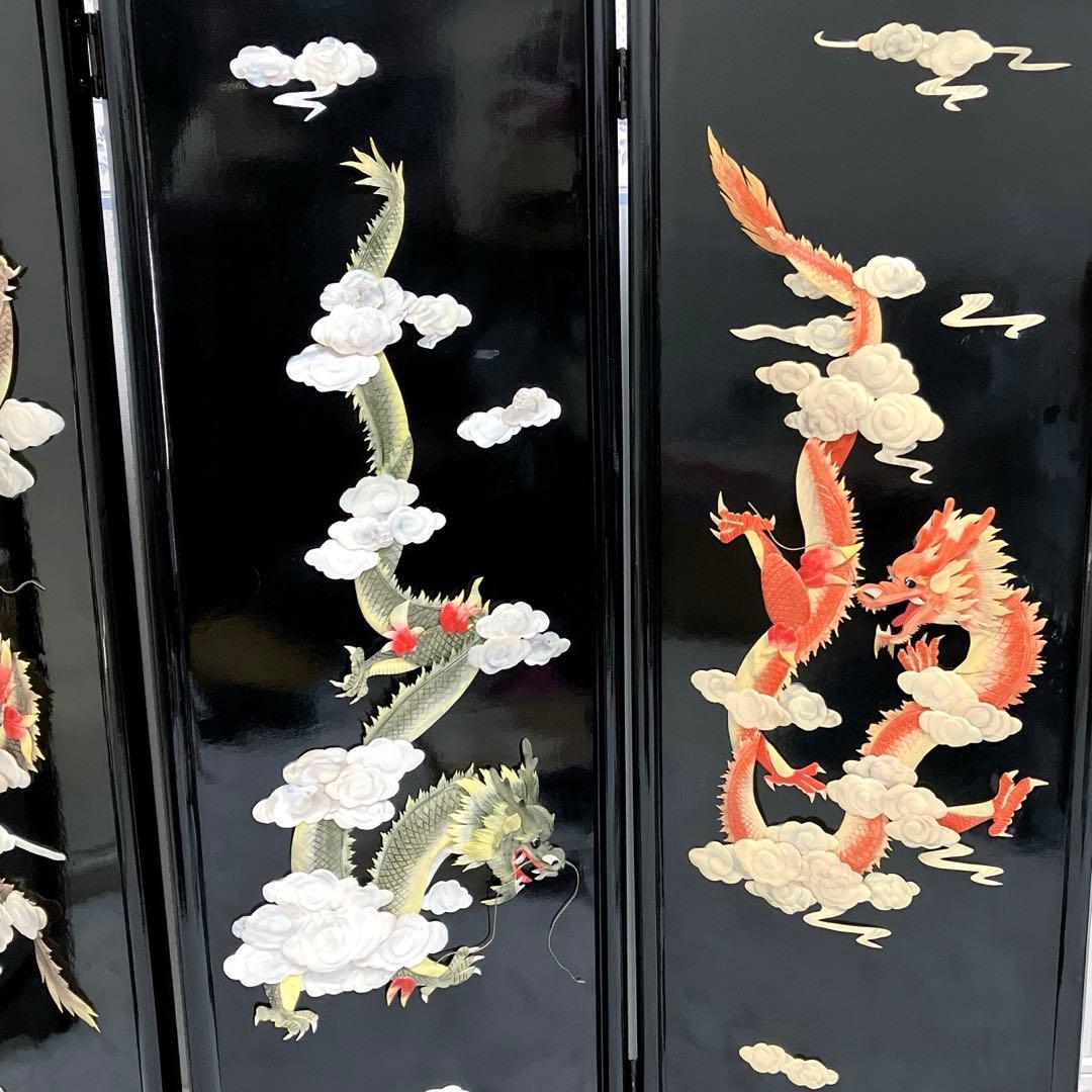 中国骨董　螺鈿細工　屏風　四龍　4連屏風　パーテーション