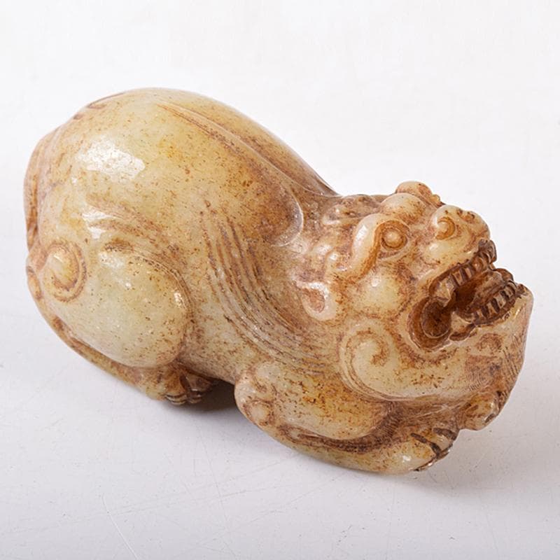 中国　玉石彫刻　獅子　神獣　根付　紙鎮　置物　C　7992E