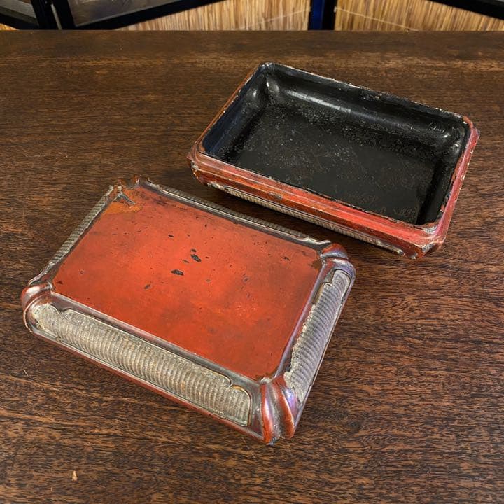 民国　朱漆竹编文房箱　漆箱　漆器　骨董品　美術品　工芸品