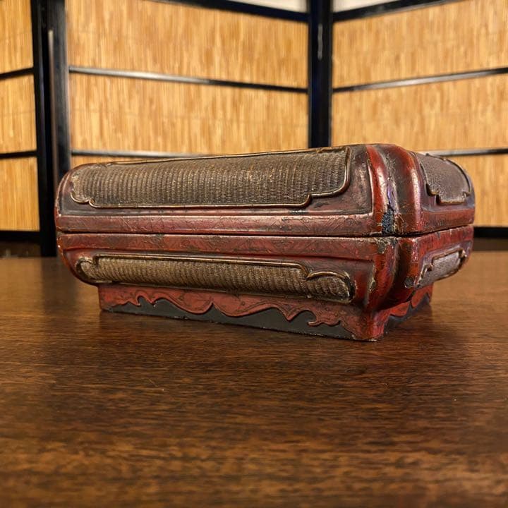 民国　朱漆竹编文房箱　漆箱　漆器　骨董品　美術品　工芸品