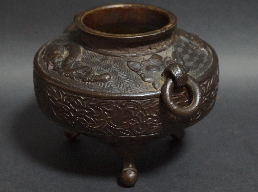 明治期 銅製 金工細工『遊龍唐草七宝繋文』香炉 獣双耳遊環付 茶道具/ 香道具