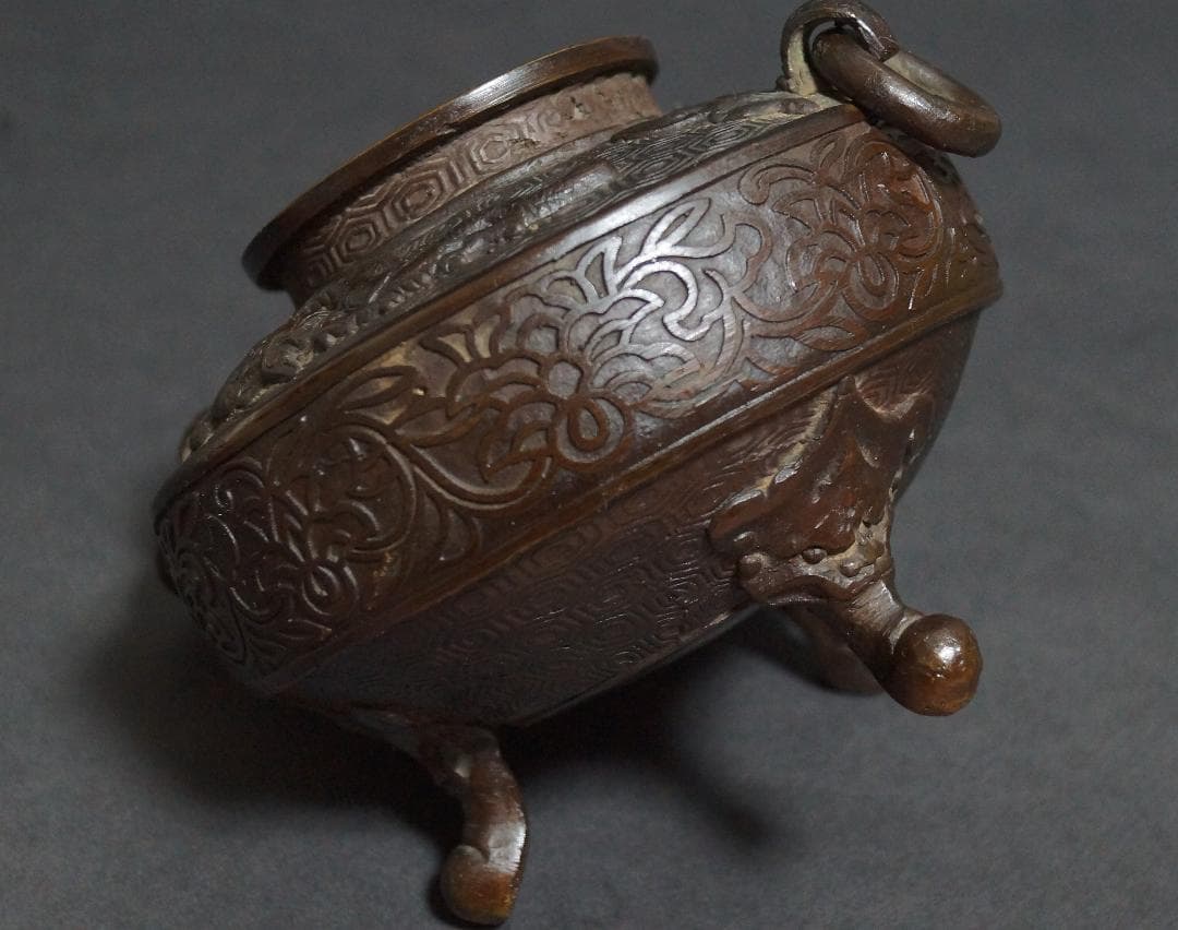 明治期 銅製 金工細工『遊龍唐草七宝繋文』香炉 獣双耳遊環付 茶道具/ 香道具