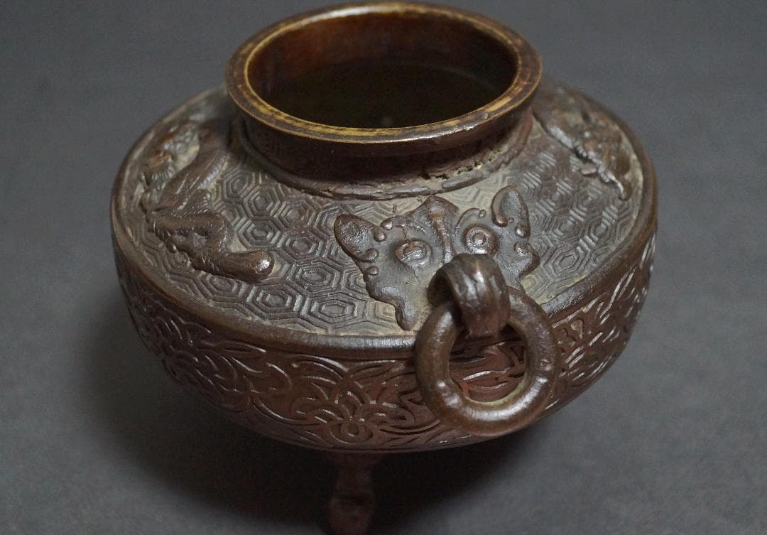 明治期 銅製 金工細工『遊龍唐草七宝繋文』香炉 獣双耳遊環付 茶道具/ 香道具