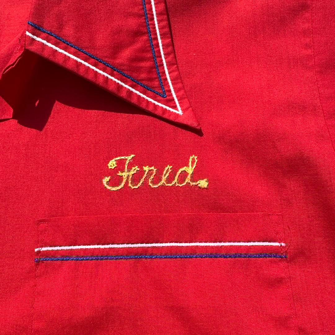 70s king louie キングルイ赤色ボウリングシャツ　フリーメイソン