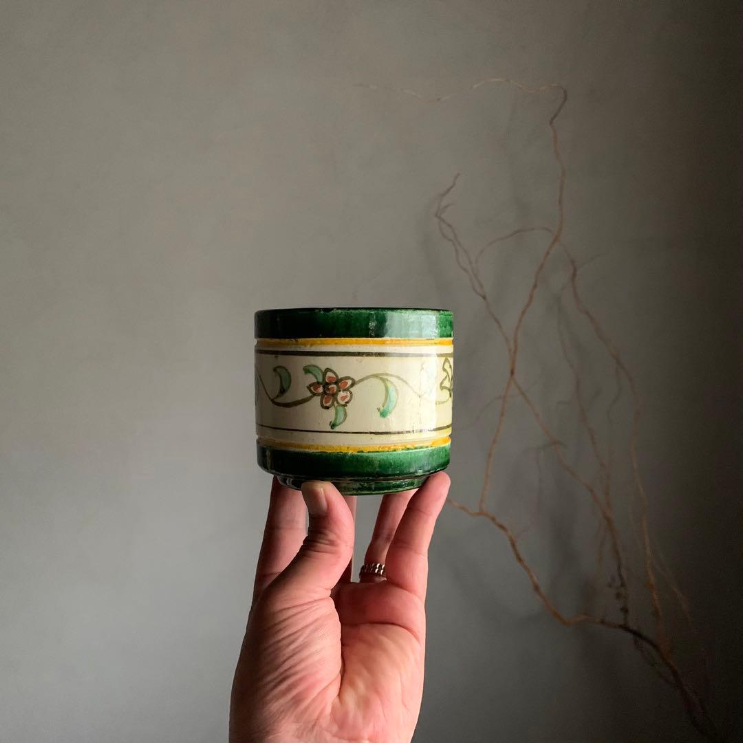 緑釉にしゃれた花柄の筒 筒茶碗 火入 京焼 古美術 古道具 アンティーク 茶道具