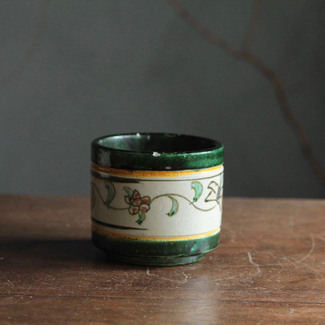 緑釉にしゃれた花柄の筒 筒茶碗 火入 京焼 古美術 古道具 アンティーク 茶道具