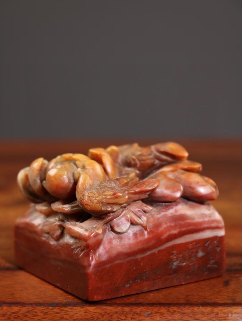 時代物　天然 芙蓉寿山石 彫刻　雙喜臨門　文房具　印鑑　縁起物　アンティーク