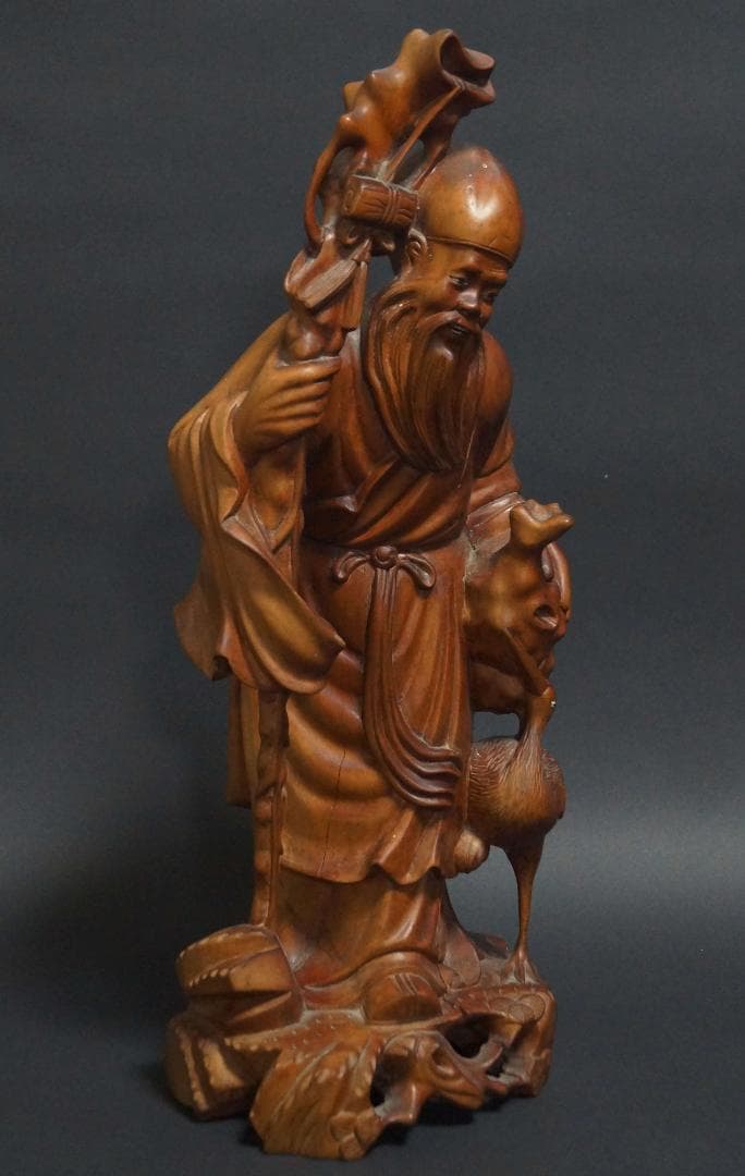 オールド柘植 つげ 黄楊木 細工彫り『寿老人鶴立像』置物 オブジェ高36.5cm