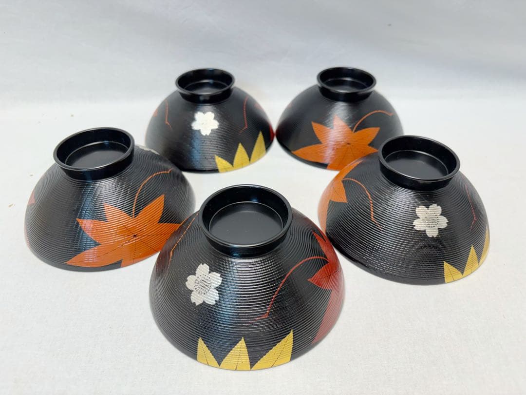 ほぼ未使用 懐石道具 木製漆器 千筋 金彩もみじ蒔絵 吸物椀 5客揃 共箱